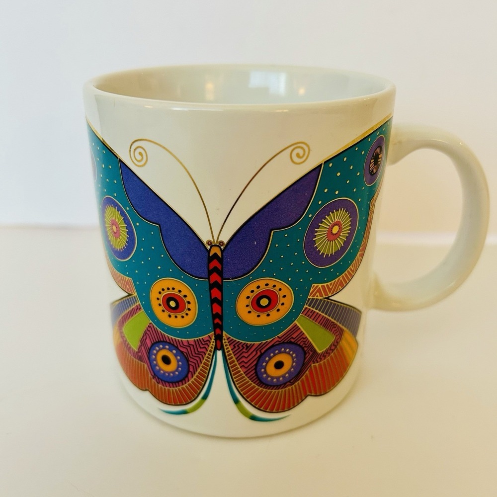 Laurel Burch Coffee Mug Cup Summer Butterfly 1989 Japan Gold Vintage Colorful - Picture 2 of 4